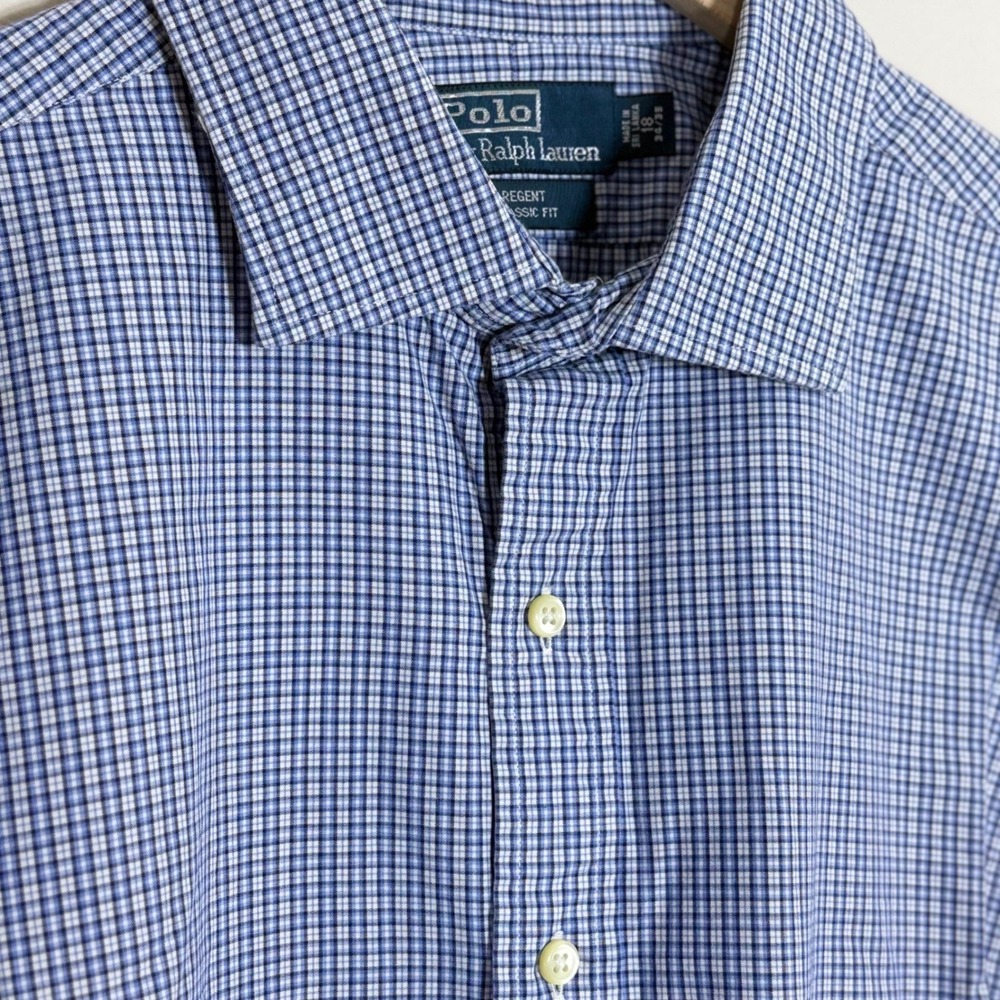 Polo Ralph Lauren Mens Shirt Size 18 34/35 Blue Check Regent Classic Office Prep